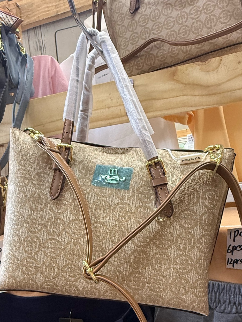 Beige Monogram Tote Bag with Tan Trim - Designer Style